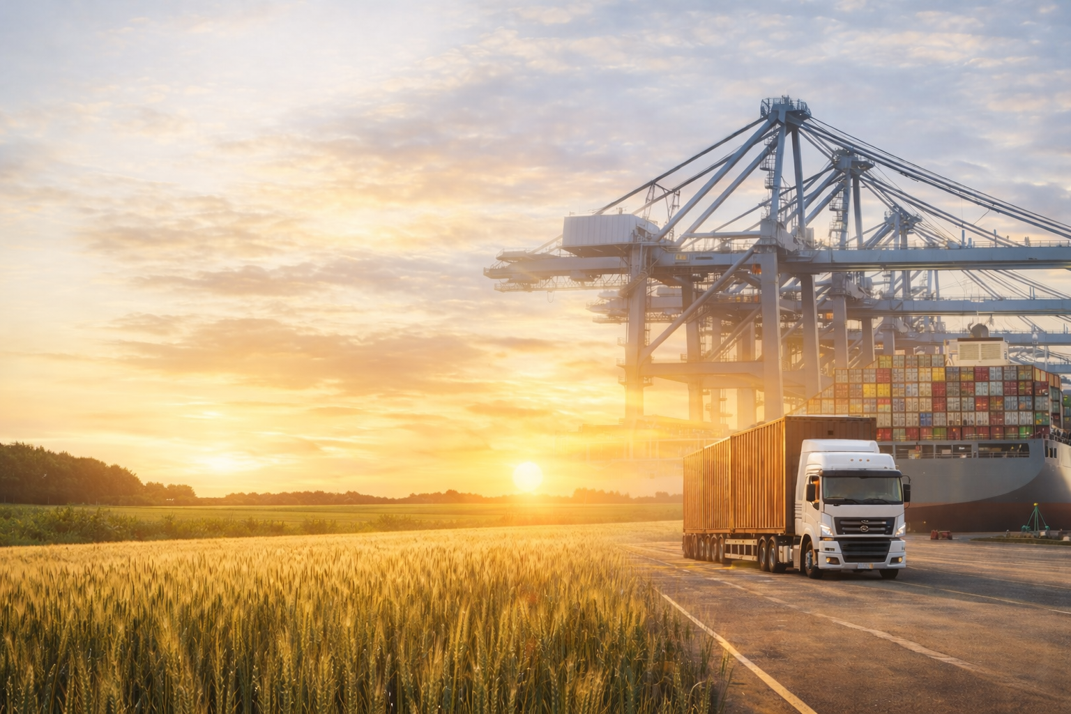 Global logistics background with port cranes, shipping, and overland transport